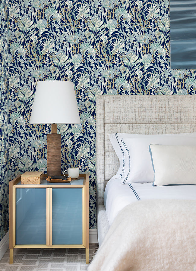 Kelp Garden Navy Tropical Reef Wallpaper  | Brewster Wallcovering - The WorkRm