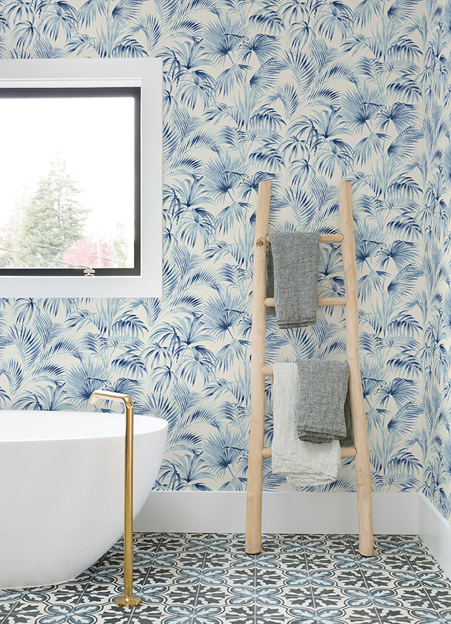 Manaus Blue Palm Frond Wallpaper  | Brewster Wallcovering - The WorkRm