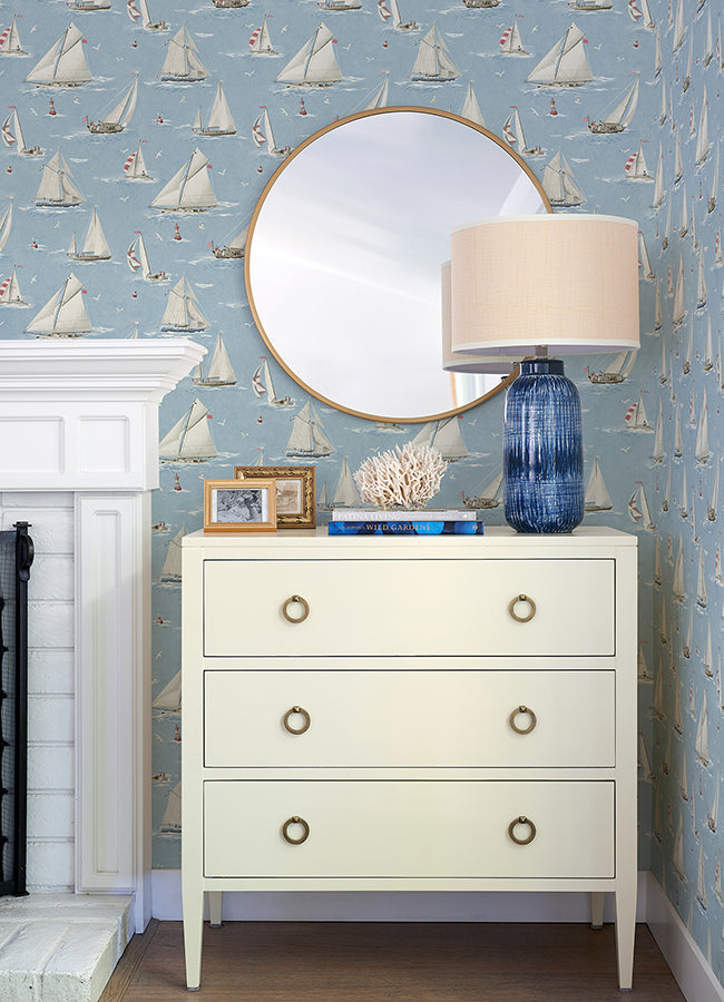 Leeward Light Blue Sailboat Wallpaper  | Brewster Wallcovering - The WorkRm