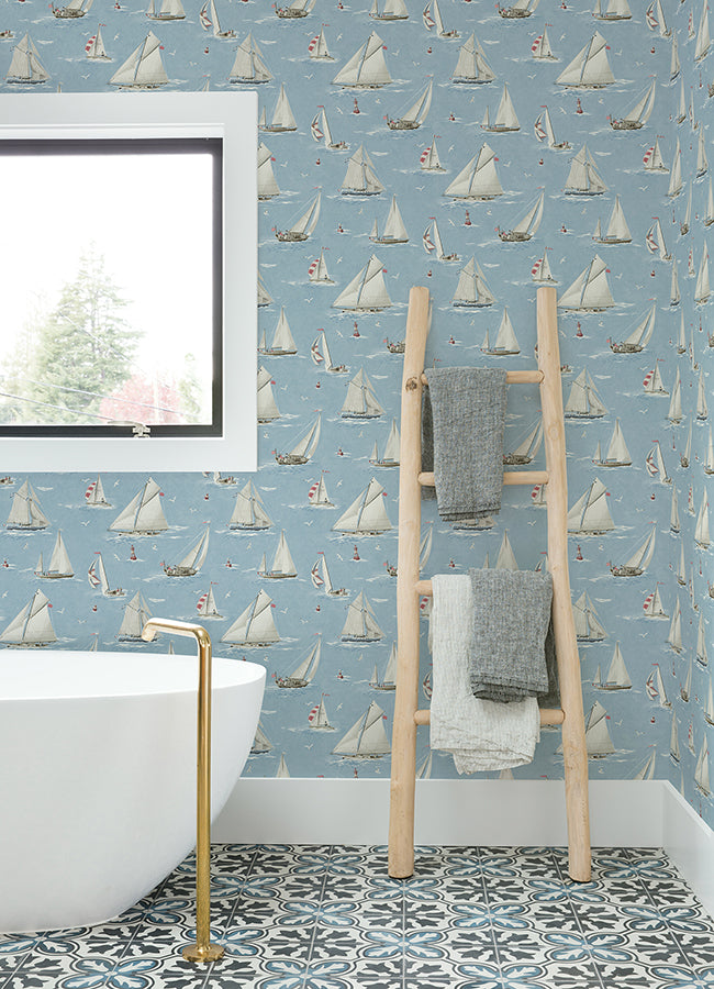 Leeward Light Blue Sailboat Wallpaper  | Brewster Wallcovering - The WorkRm