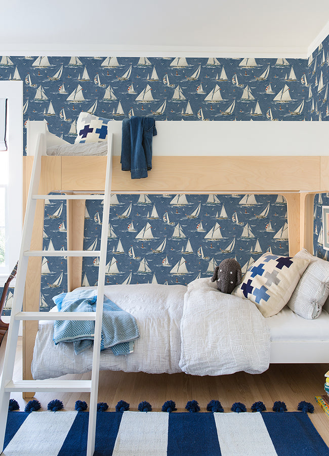 Leeward Navy Sailboat Wallpaper  | Brewster Wallcovering - The WorkRm