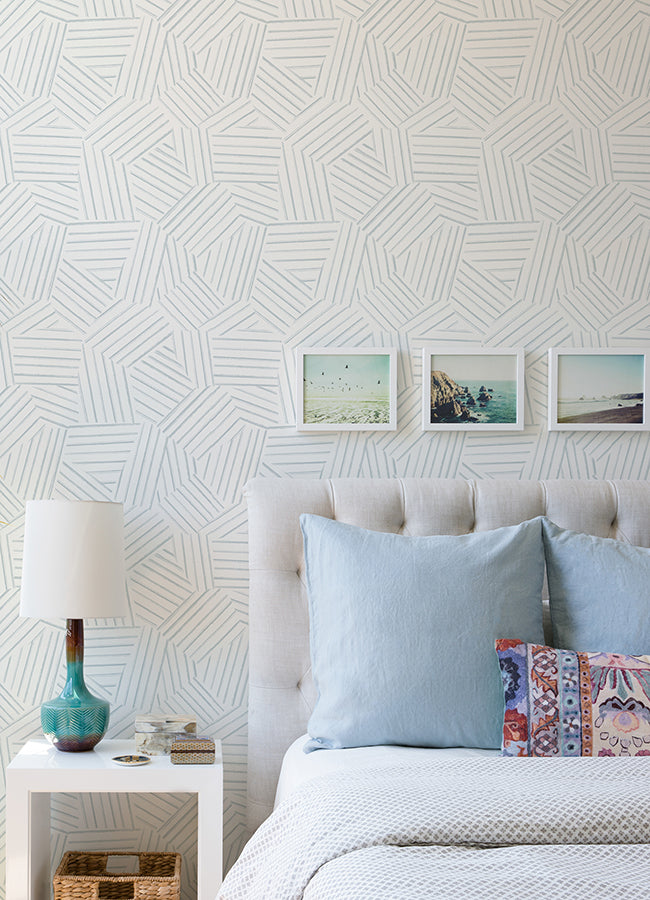 Helene Sky Blue Geometric Lines Wallpaper  | Brewster Wallcovering - The WorkRm