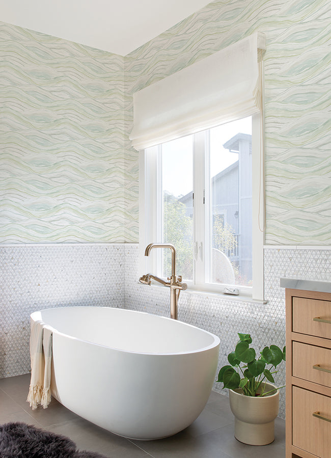 Dorea Sea Green Striated Waves Wallpaper  | Brewster Wallcovering - The WorkRm