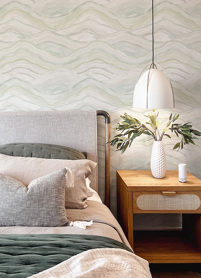 Dorea Sea Green Striated Waves Wallpaper  | Brewster Wallcovering - The WorkRm