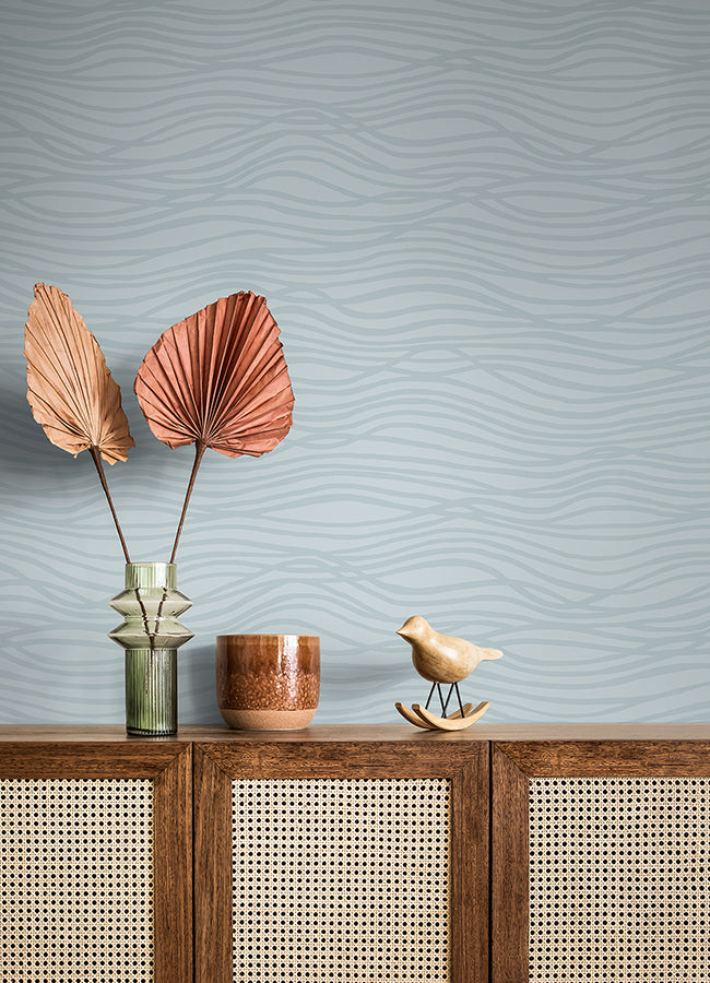 Galyn Sky Blue Pearlescent Wave Wallpaper  | Brewster Wallcovering - The WorkRm