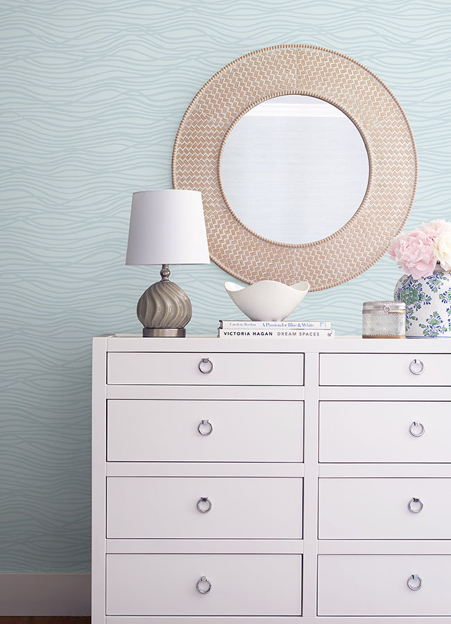 Galyn Sky Blue Pearlescent Wave Wallpaper  | Brewster Wallcovering - The WorkRm