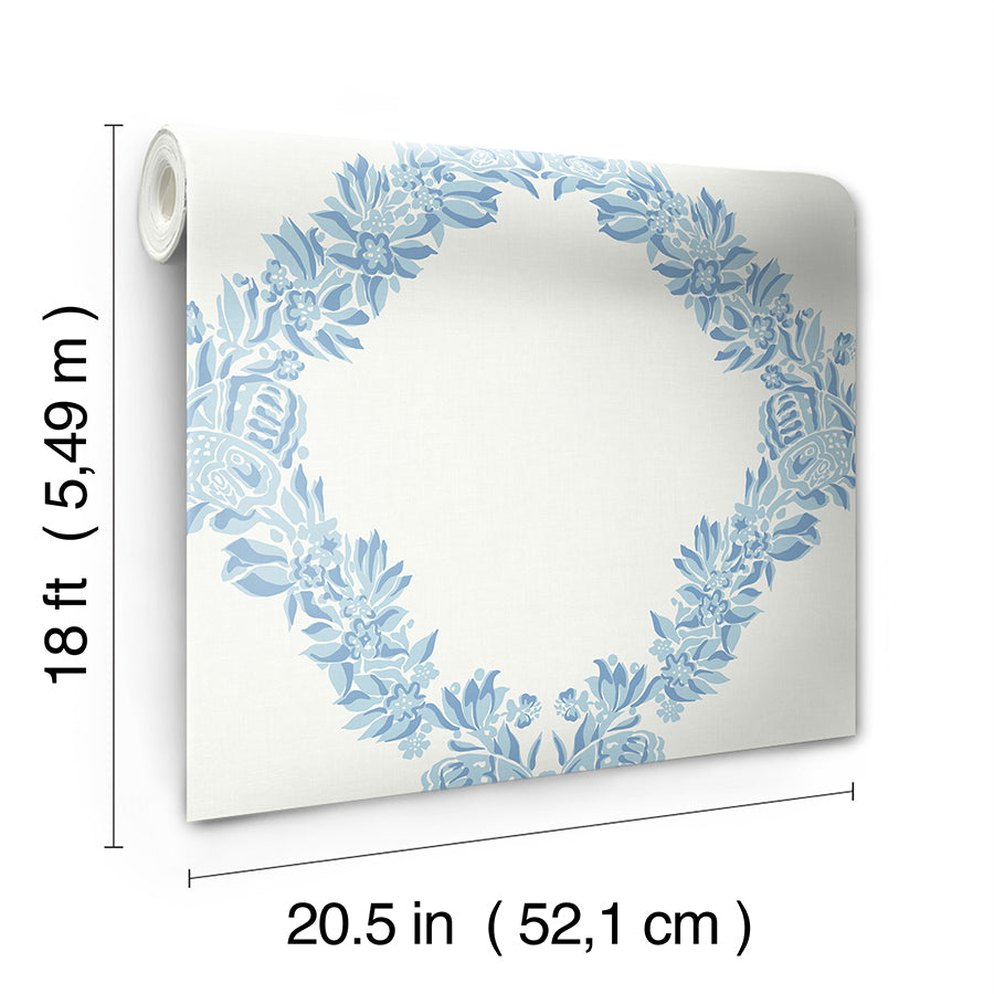 Sky Blue Wreath Peel and Stick Wallpaper - Brewster Wallcovering