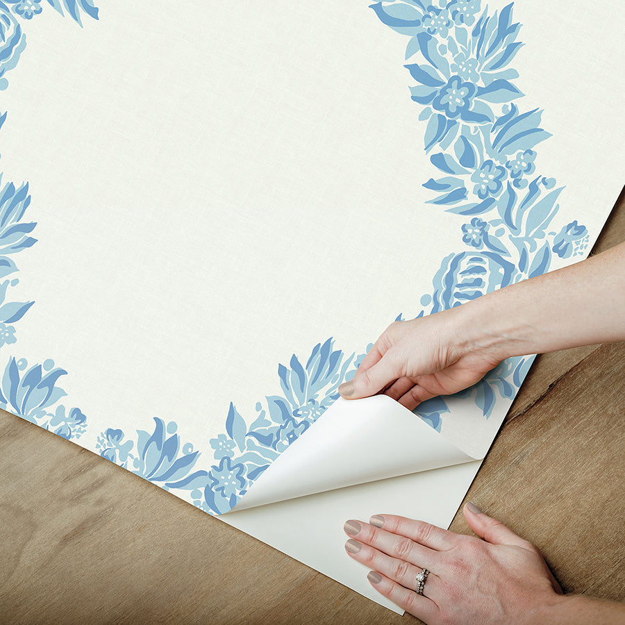 Sky Blue Wreath Peel and Stick Wallpaper - Brewster Wallcovering