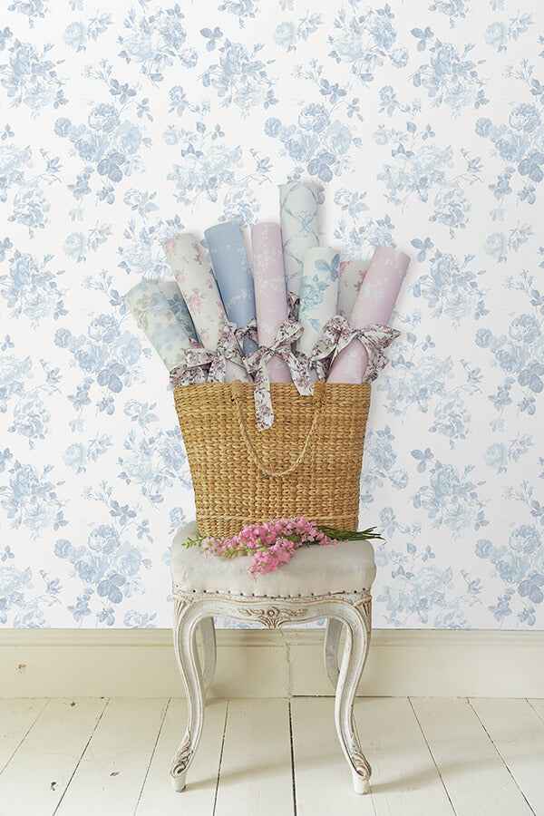 Everblooming Rosettes Blue Bella Ribbon - York Wallcoverings - LFS5017 - York Wallcoverings Wallpaper
