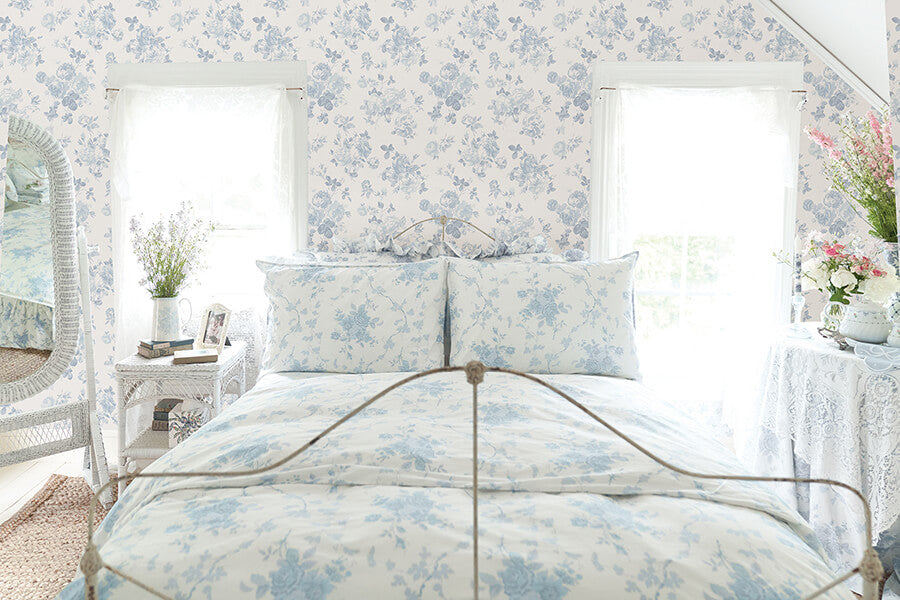 blue-bella-ribbon-everblooming-rosettes-peel-and-stick-wallpaper-york-wallcoverings-lfs5017 - York Wallcoverings Wallpaper