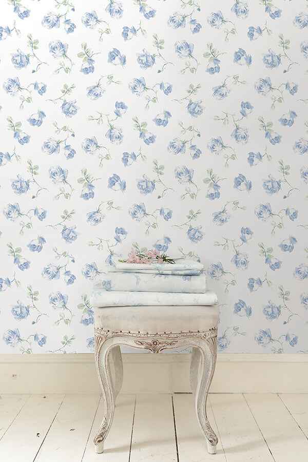 French Blue Ribbon Rosa Peel and Stick Wallpaper - York Wallcoverings - LFS6110 - York Wallcoverings Wallpaper
