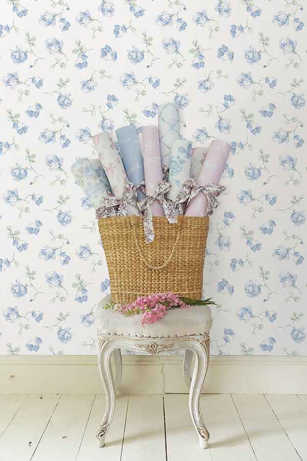 French Blue Ribbon Rosa Peel and Stick Wallpaper - York Wallcoverings - LFS6110 - York Wallcoverings Wallpaper