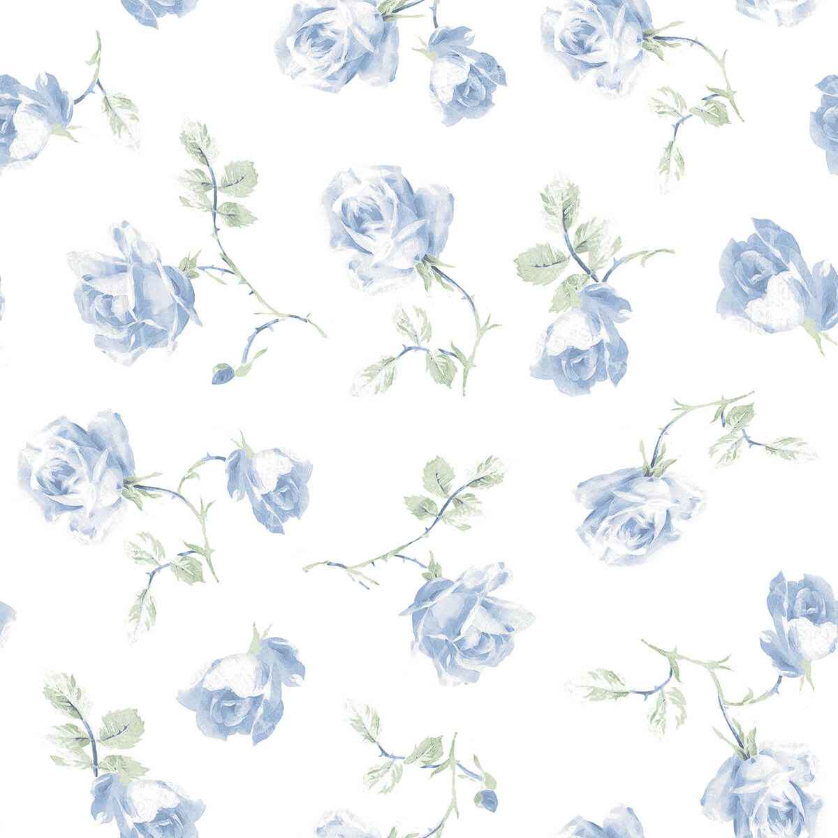 Ribbon Rosa French Blue Loose Roses Wallpaper - York Wallcoverings - AST6085 - York Wallcoverings Wallpaper