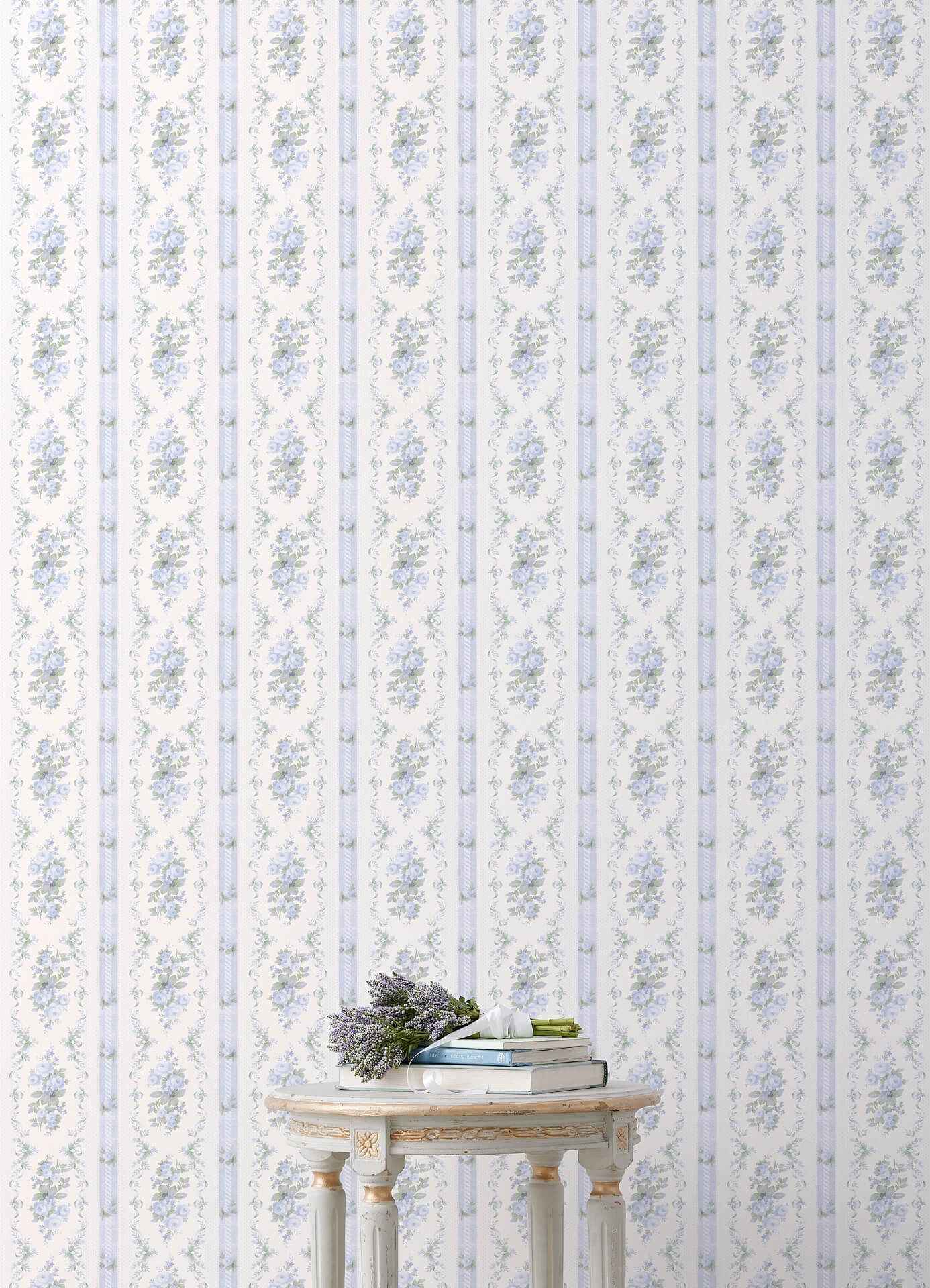 Dreamy Days Sweet Blue Stripe & Floral Wallpaper - York Wallcoverings - AST6087 - York Wallcoverings Wallpaper