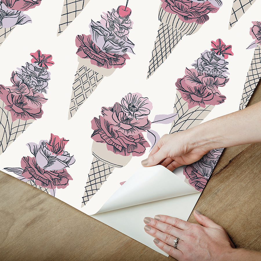 Pink Floral Ice Cream Peel and Stick Wallpaper  | Brewster Wallcovering
