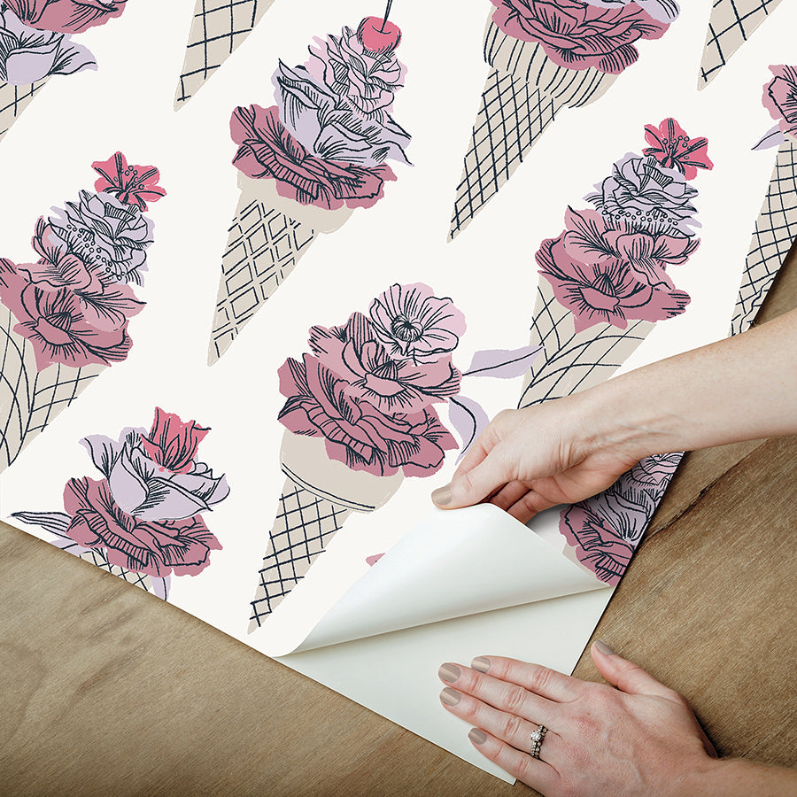 Pink Floral Ice Cream Peel and Stick Wallpaper - Brewster Wallcovering