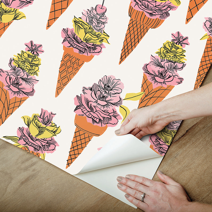 Orange Floral Ice Cream Peel and Stick Wallpaper - Brewster Wallcovering