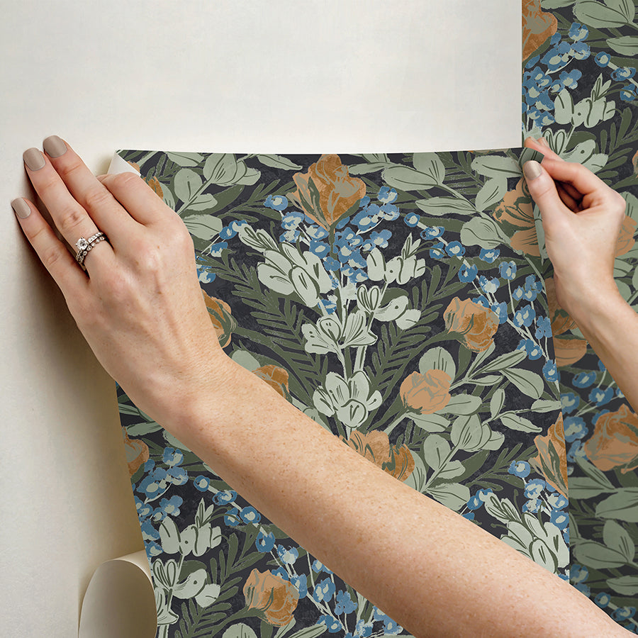 Dark Multi Moody June Blooms Peel and Stick Wallpaper  | Brewster Wallcovering