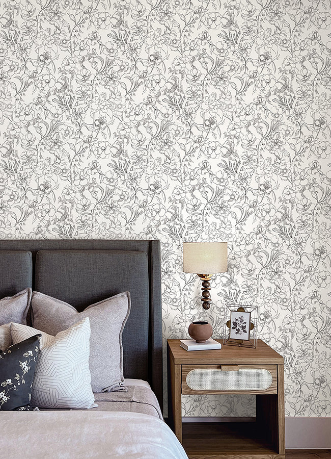 Grey May Bloom Peel and Stick Wallpaper - Brewster Wallcovering