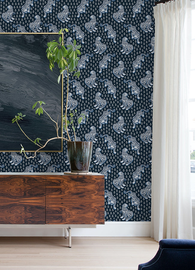 Navy Tiger Queen Peel and Stick Wallpaper - Brewster Wallcovering