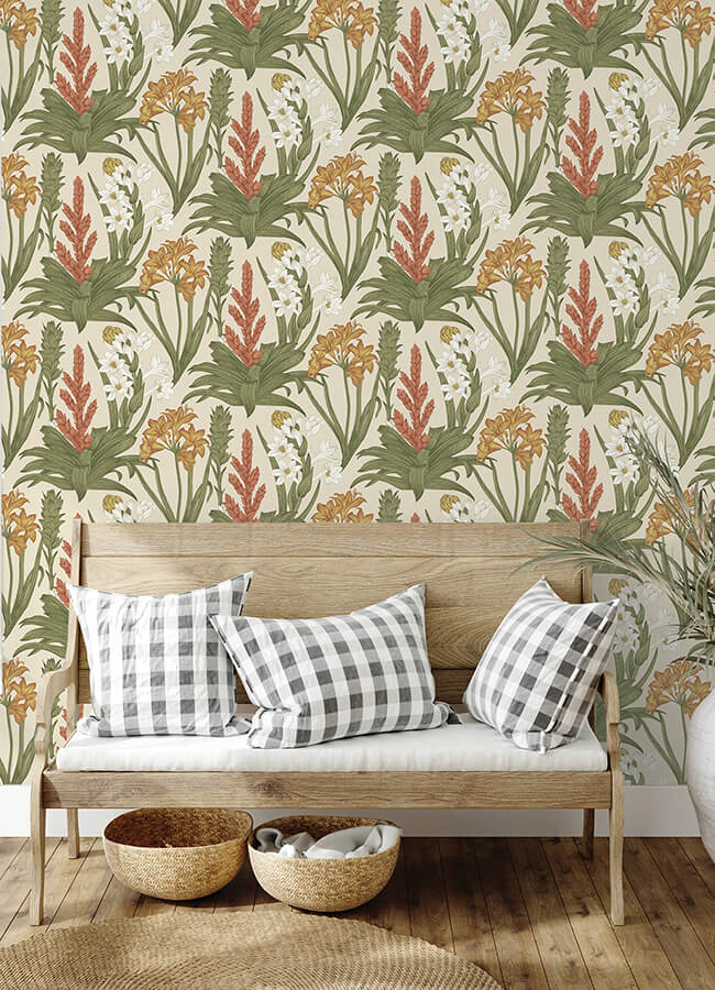 Linen Olive Blooming Villa Peel and Stick Wallpaper - York Wallcoverings - NUS6097 - York Wallcoverings Wallpaper