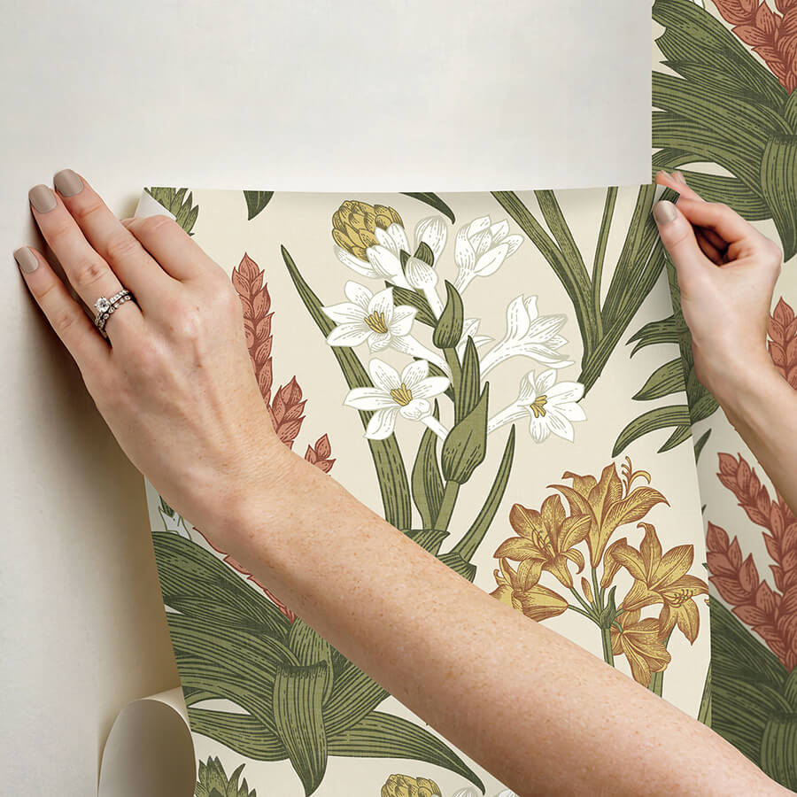 Linen Olive Blooming Villa Peel and Stick Wallpaper - York Wallcoverings - NUS6097 - York Wallcoverings Wallpaper
