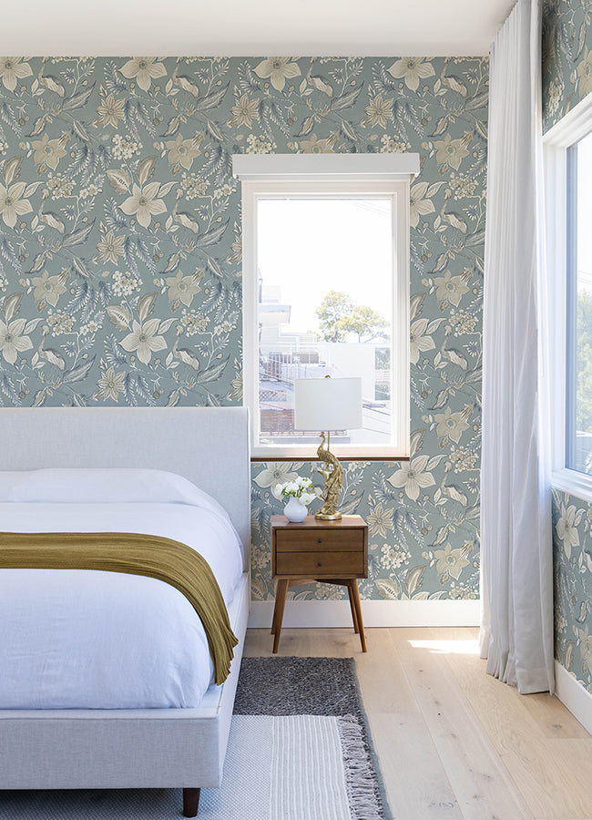 Crestwood Sky Blue Crowned Crane Wallpaper by Scott Living  | Brewster Wallcovering - The WorkRm