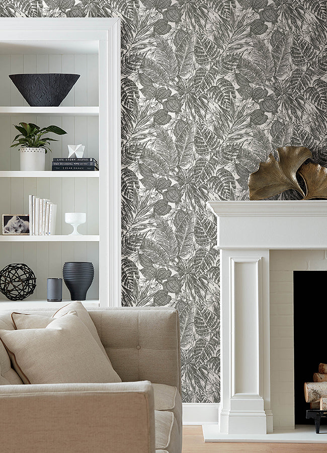 Brentwood Black Palm Leaves Wallpaper by Scott Living  | Brewster Wallcovering - The WorkRm