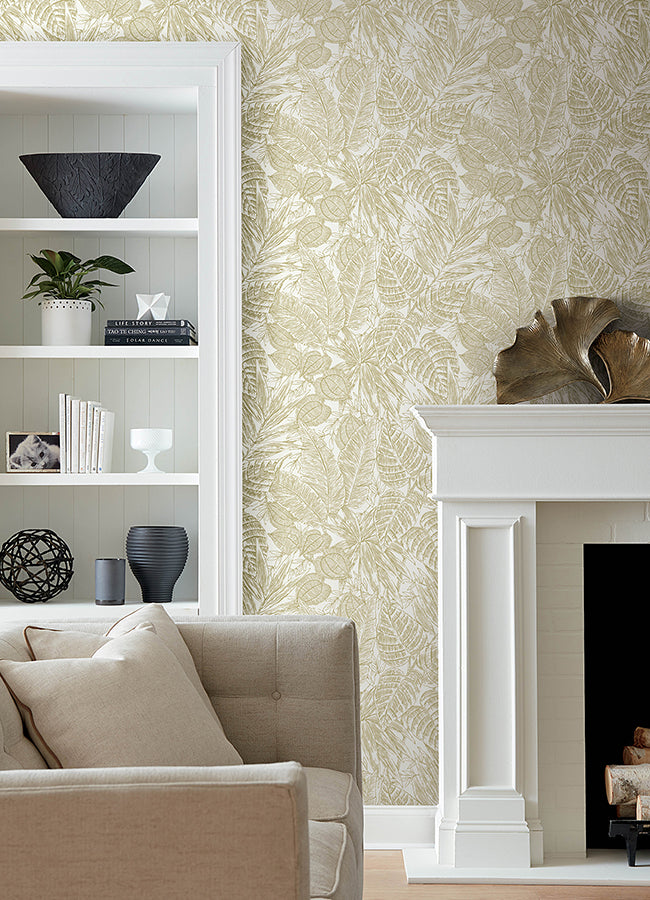 Brentwood Yellow Palm Leaves Wallpaper by Scott Living - Brewster Wallcovering