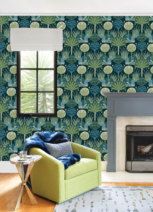 Mandeville Teal Tropical Paradise Wallpaper by Scott Living  | Brewster Wallcovering - The WorkRm