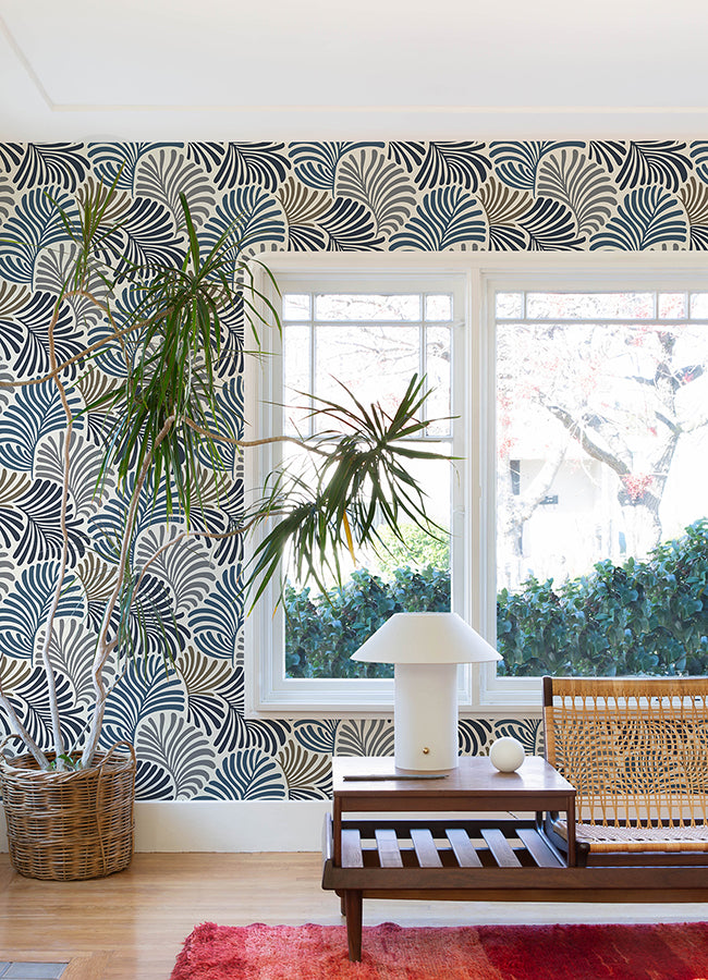 Trousdale Dark Blue Fanning Flora Wallpaper by Scott Living  | Brewster Wallcovering - The WorkRm