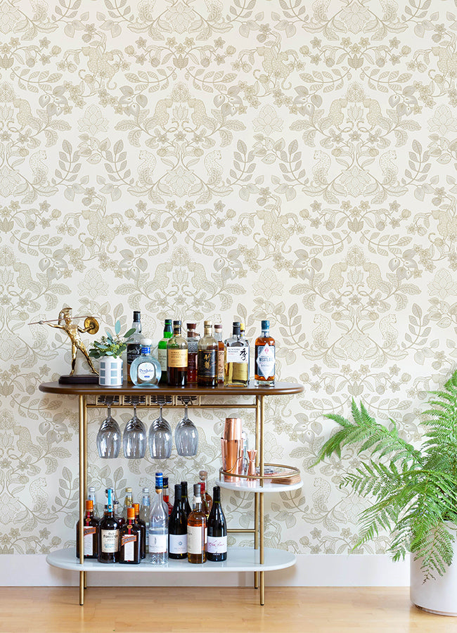 Getty Cream Jungle Damask Wallpaper by Scott Living  | Brewster Wallcovering