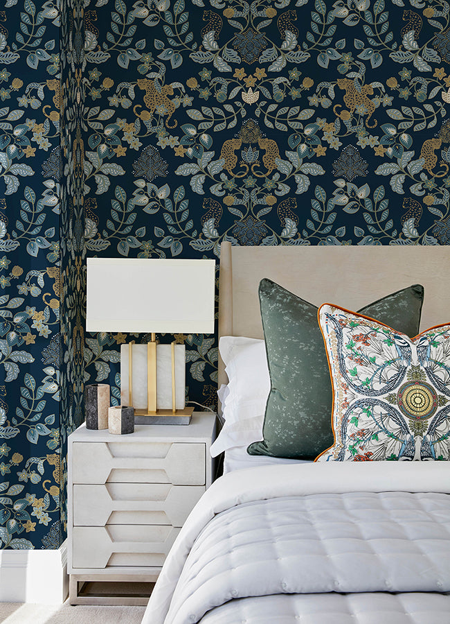 Getty Navy Jungle Damask Wallpaper by Scott Living - Brewster Wallcovering