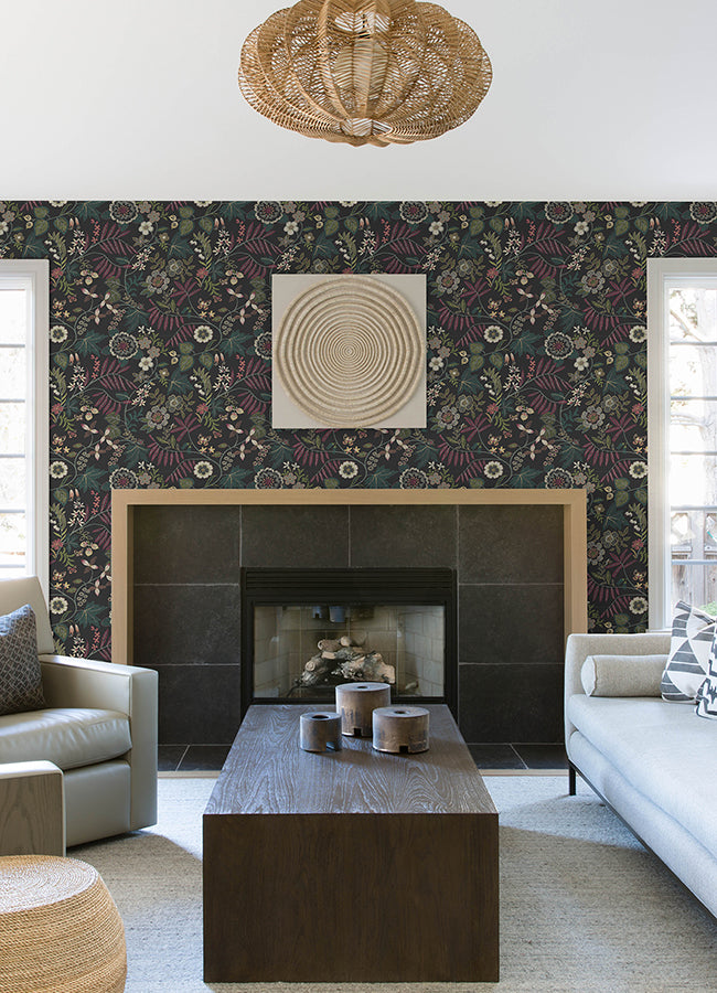 Marilyn Black Floral Trail Wallpaper by Scott Living - Brewster Wallcovering