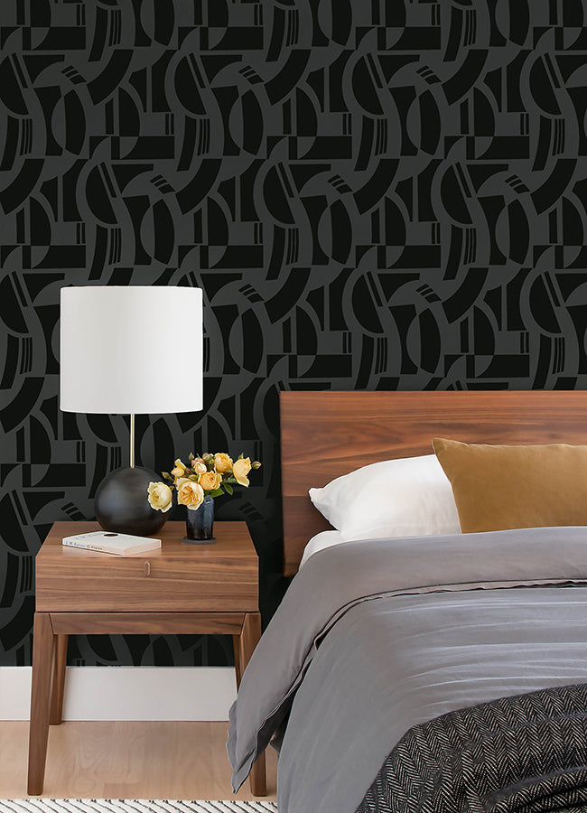 Carter Black Geometric Flock Wallpaper by Scott Living - Brewster Wallcovering