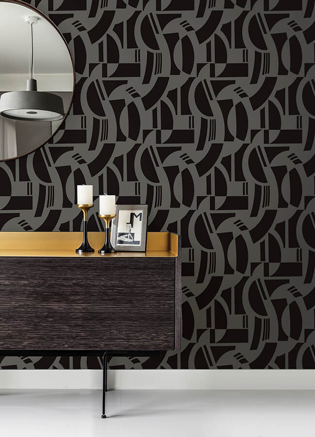 Carter Black Geometric Flock Wallpaper - York Wallcoverings - 4034-87379 - York Wallcoverings Wallpaper