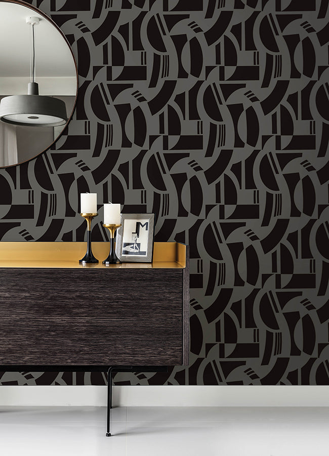 Carter Black Geometric Flock Wallpaper by Scott Living - Brewster Wallcovering