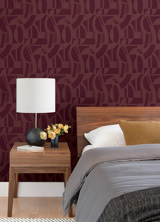 Carter Burgundy Geometric Flock Wallpaper by Scott Living - Brewster Wallcovering