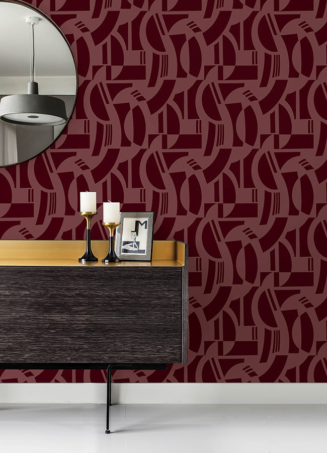 Carter Burgundy Geometric Flock Wallpaper by Scott Living - Brewster Wallcovering