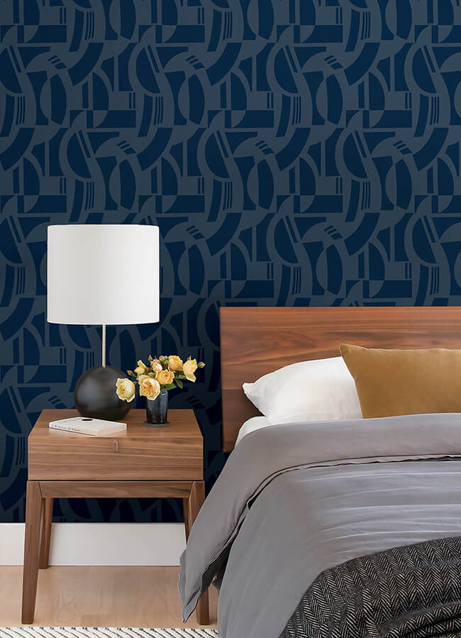 Carter Indigo Geometric Flock Wallpaper - York Wallcoverings - 4034-87381 - York Wallcoverings Wallpaper