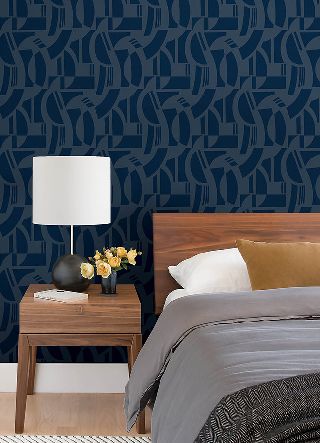 Carter Indigo Geometric Flock Wallpaper by Scott Living - Brewster Wallcovering