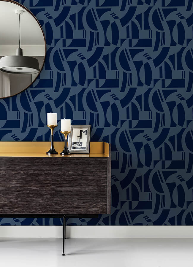 Carter Indigo Geometric Flock Wallpaper - York Wallcoverings - 4034-87381 - York Wallcoverings Wallpaper