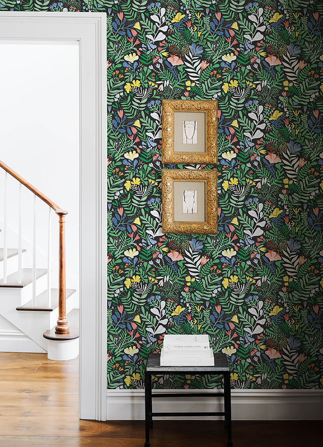 Brittsommar Black Woodland Floral Wallpaper - Brewster Wallcovering