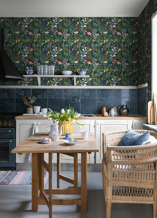 Brittsommar Black Woodland Floral Wallpaper - Brewster Wallcovering