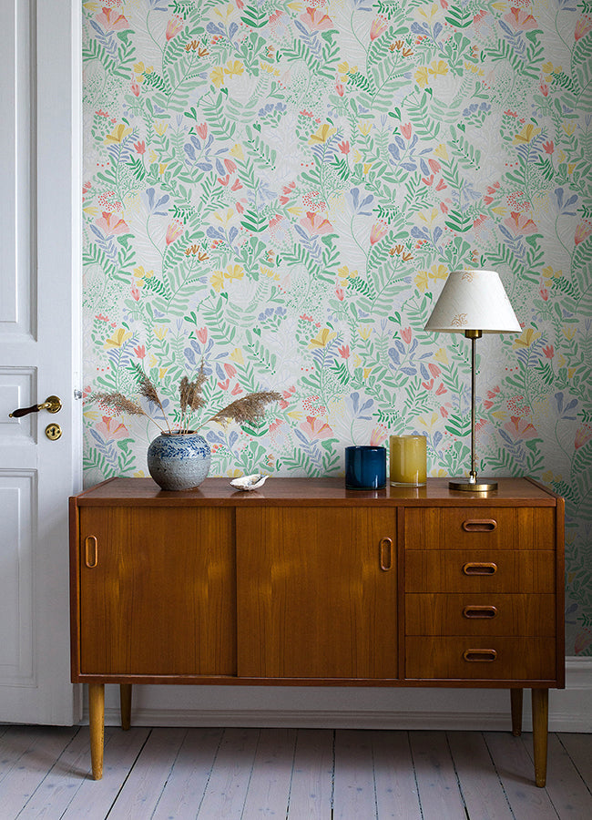 Brittsommar Light Green Woodland Floral Wallpaper - Brewster Wallcovering