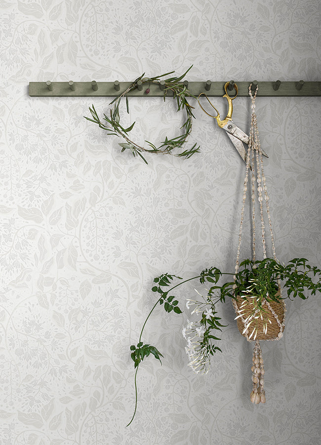 Turi Light Grey Twining Vines Wallpaper - Brewster Wallcovering