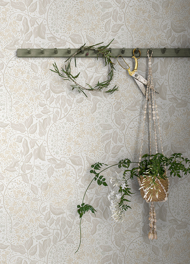 Turi Khaki Twining Vines Wallpaper - Brewster Wallcovering