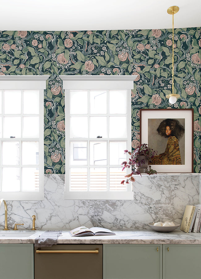 Kort Dark Blue Fruit and Floral Wallpaper  | Brewster Wallcovering - The WorkRm