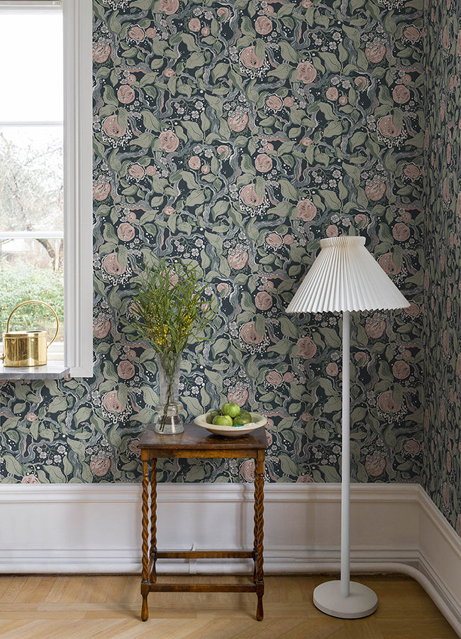 Kort Dark Blue Fruit and Floral Wallpaper - Brewster Wallcovering