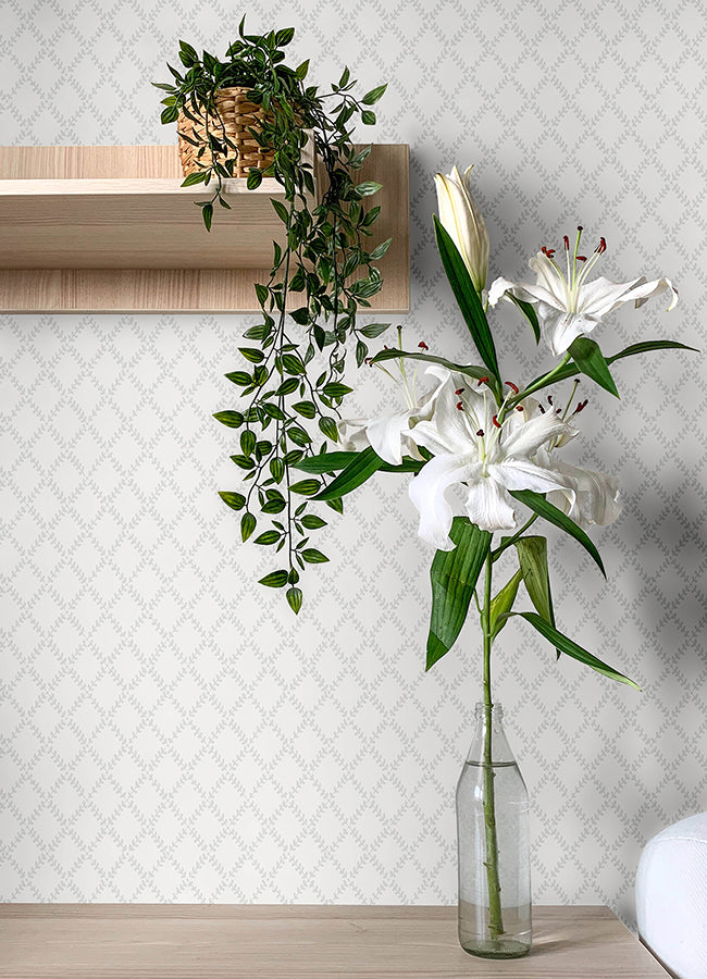 Trevor White Leaf Trellis Wallpaper - Brewster Wallcovering